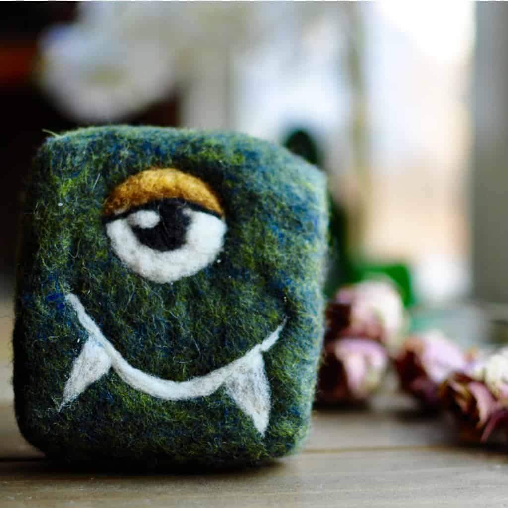 what is felted soap, well this handmade gorgeously designed monster is a perfect example of felted soap bars